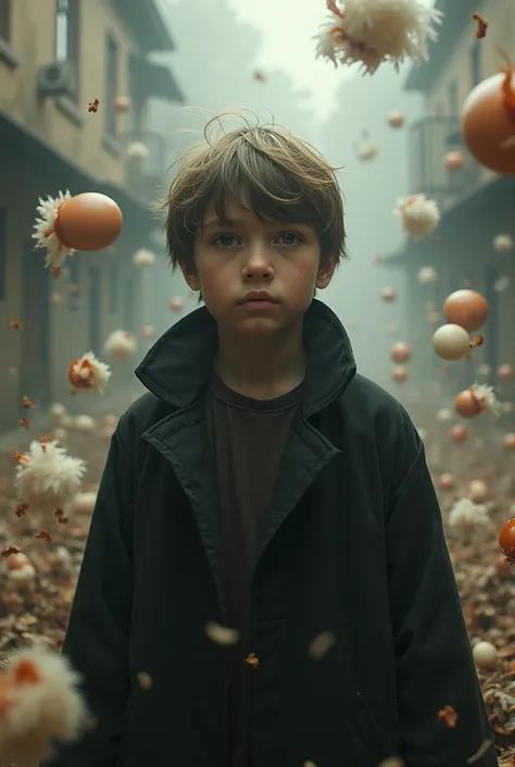 Close-up of an older boy in his long black jacket standing in a world where chicken ingredients are rising