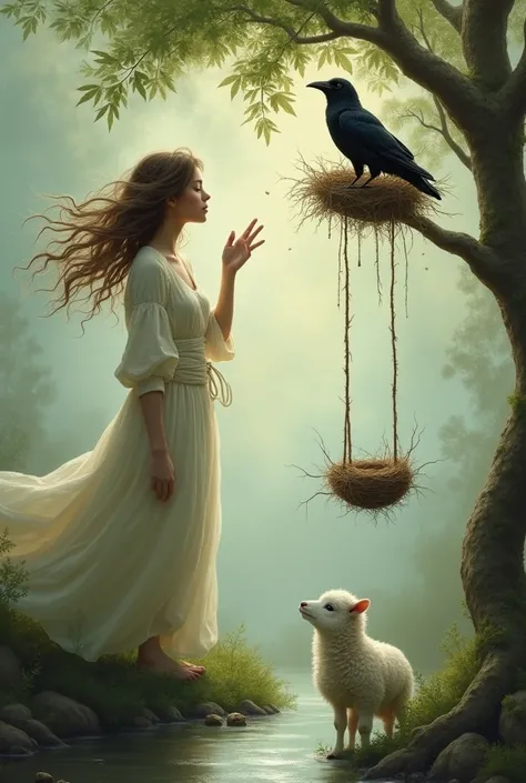 A painting of crazy willow hair combs the breeze with her hand, and a small lamb with a soft, atmospheric water, and a cheerful little crow swings on a tree. A crowbar takes the mud to the nest.