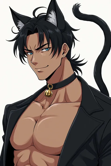 Manga Un bel homme grand et musclé aux cheveux noir avec des oreilles de chat et une queue de chat sourit malicieusement face à lécran avec un collier à clochette