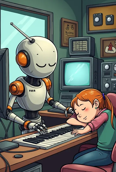 Create a drawing in which a robot is using consoles and various instruments to produce a song and there is an adult human being sleeping while the robot does its job seriously and that looks animated and easy to draw