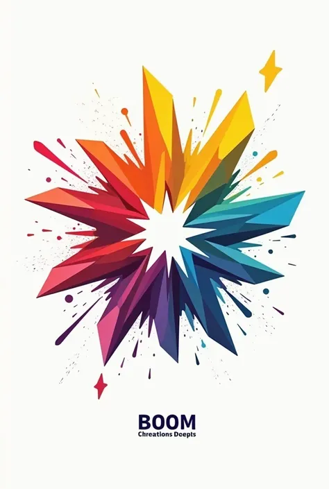 Hello I want for a logo  , geometric design that represents an explosion of colors and shapes,  inspired by screen printing techniques ,  with a modern and dynamic touch .  With the word creations boom  