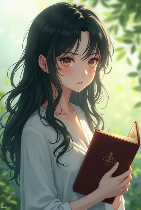 Make an anime style girl, with long black messy wavy hair,  white skin and she looks beautiful the Bible in a place of peace and tranquility