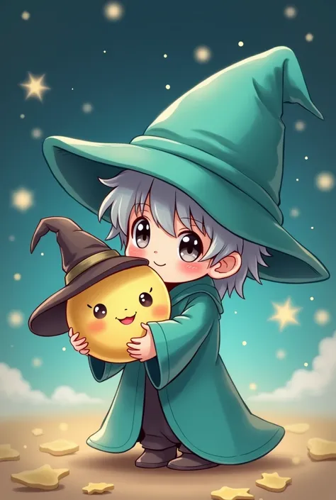 I want a cute little wizard in teal clothes giving a hug to a moon his size. anime cartoon style, Make the Moon have a witchs hat and the little wizards hair be gray