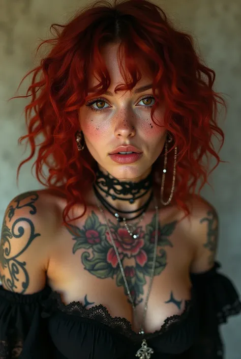 (photorealism:1:2), a young, 18 year old girl, half black woman, medium brown colored skin, red loose curly medium length scene hair that covers one eye, lots of tattoos, piercings, emo clothing style, beautiful, lots of jewelry, large breasts, brown eyes,...