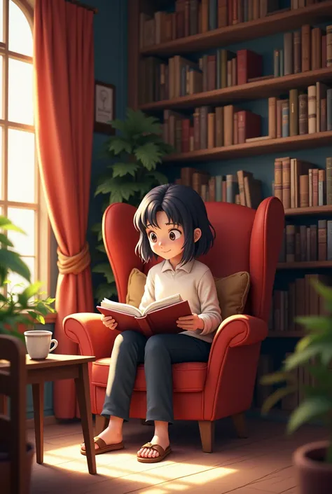 HELP ME WITH SEVERAL IMAGES OF A READING CORNER WITH REN READING AND SEARCHING FOR BOOKS 