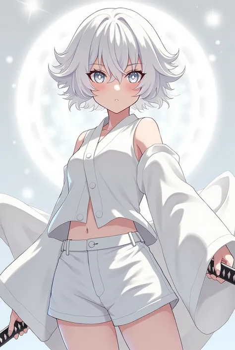  Create a Kimetsu character ,  He has eyes all white ,  short curly white hair, And all white clothes ,  his power is based on Light , he has a katana, Make the character strong and super serious with white eyes and pupils,  I put on some lighter clothes l...