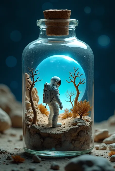 "A zoom infinity scene featuring a series of glass bottles inside each other, each bottle containing a miniature cosmic landscape. The outermost bottle holds an astronaut standing on rocky terrain with surreal dry trees and a glowing blue sphere suspended ...