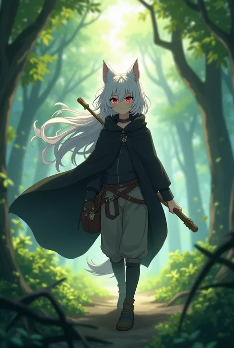 anime guy with wolf ears 19 years old good red eyes white long hair with a collar around his neck wanderer stick in hand black cape walks through the forest