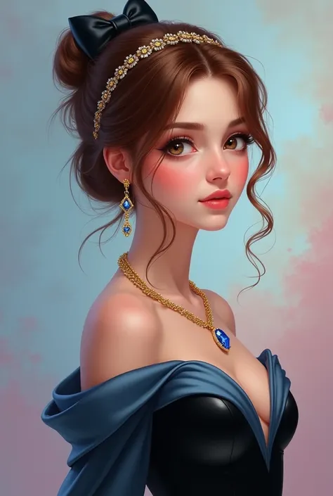 real image.  She is a petite girl , chestnut,  diamond earrings with hair tied in an elegant bow with a gold headband and black pebbles, pastel blue and pink .  She has dark eyes ,  sunken cheeks and full lips .  She is wearing a black dress with mermaid c...