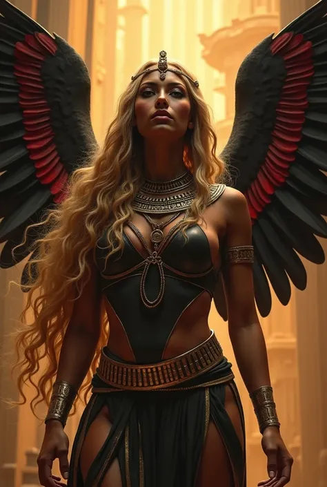 Sekhmet is an Egyptian Goddess and queen and Lion Goddess. She is very beautiful mother goddess.
She has long black wings with red stripes. She has very dark skin and blonde hair with ringlets. She has a deep and powerful voice.

