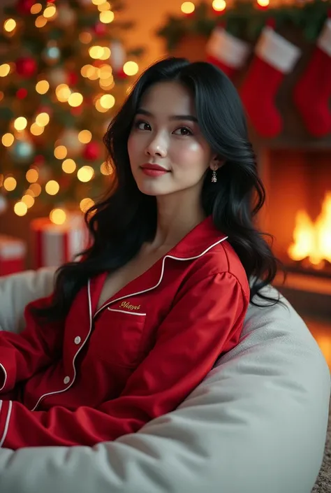 A woman wearing red Christmas pajamas sits elegantly on a white beanbag. She has black hair styled in soft waves and accessorizes it with simple earrings. In the background, a beautifully decorated Christmas tree sparkles with lights and ornaments. A cozy ...