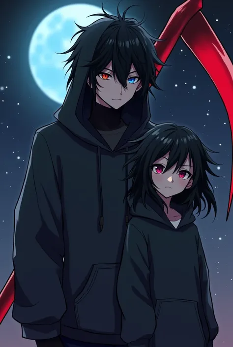 A anime matching profile picture a boy with black messy hair dark gray hoodie covered his head fully with two different eye colour one is blue and one is red only boy and looking dangerous and powerful grown up with a very cool red scythe behind his back r...