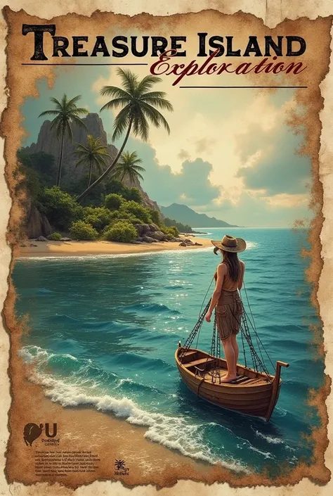 The expedition recruitment poster"Treasure Island Exploration" "Recruiting members"it is written like this, (Super detailed alcohol ink painting of a gorgeous treasure island and female explorer:1.2), Made from a patchwork of vintage script paper、Stress-fr...