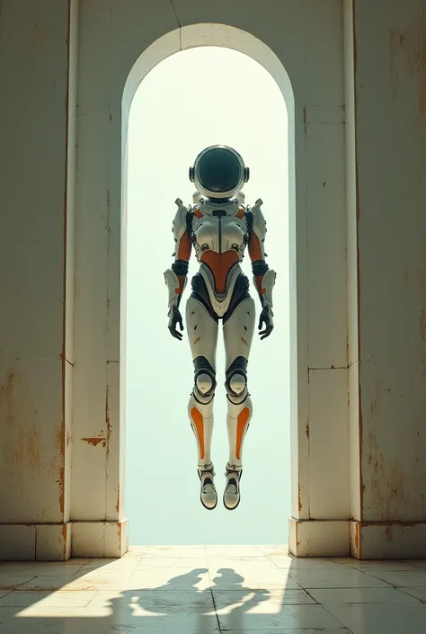 Abode of Vacancy, one window has light, Retro space suit-like exoskeleton, body elevating 180°, no gravity、White and orange coloring, The joints are dark grey bellows, Abode of Vacancy, retro, steam