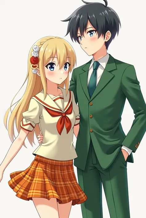 Anime boy in a orange plaid skirt and a short sleeve uniform top with an anime girl in a Green Suit jacket and green pants