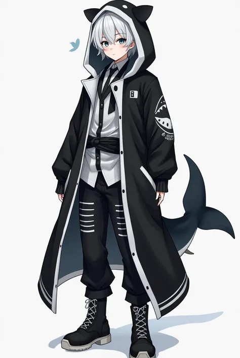 Make a male character,  with aesthetic gothic style clothing y2k , with a black and white Ushanka , with short white hair ,  with a black and white jacket tied around the waist , with a black-and-white shark tail with fins 