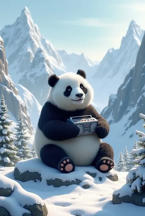 Un panda sur une montagne enneigée avec un sound-system 