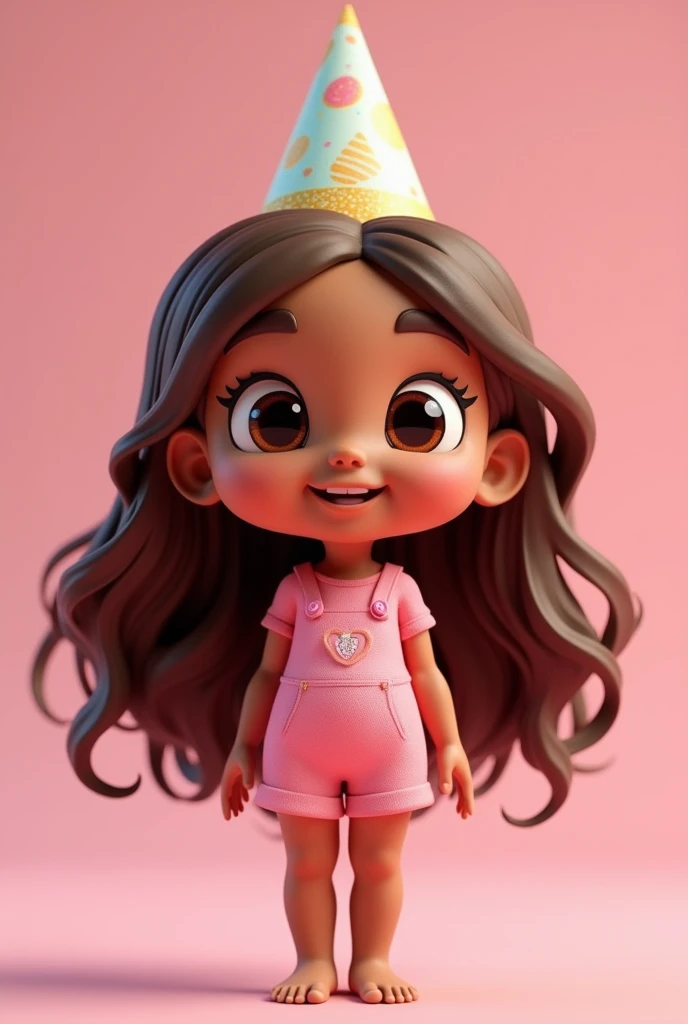  girl with brown skin, long-haired brown , With a small nose droplet eyes wearing a birthday hat dressed in pink , full and animated 3d image