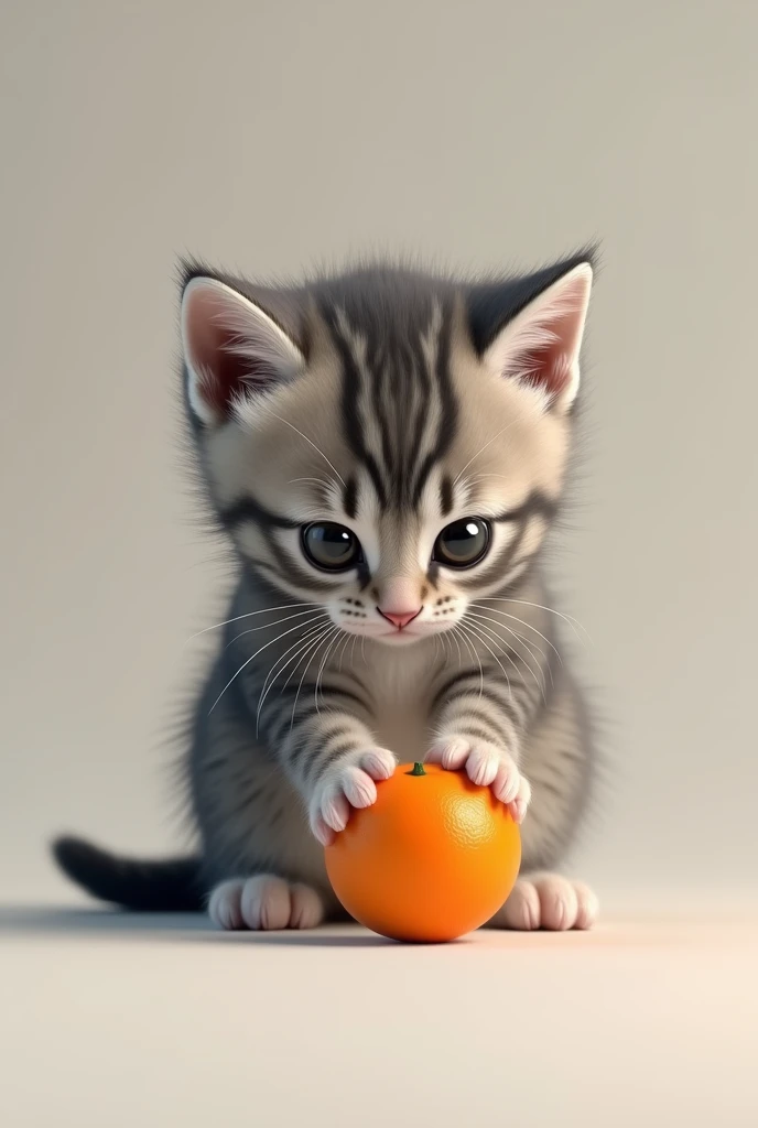 Create an ultra realistic image of a kitten staring at an orange,  make them with their bodies showing