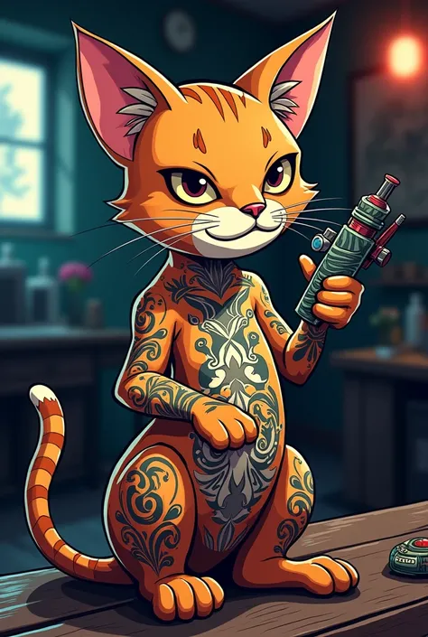 Draw a tattoo cat with a tattoo machine in your hand