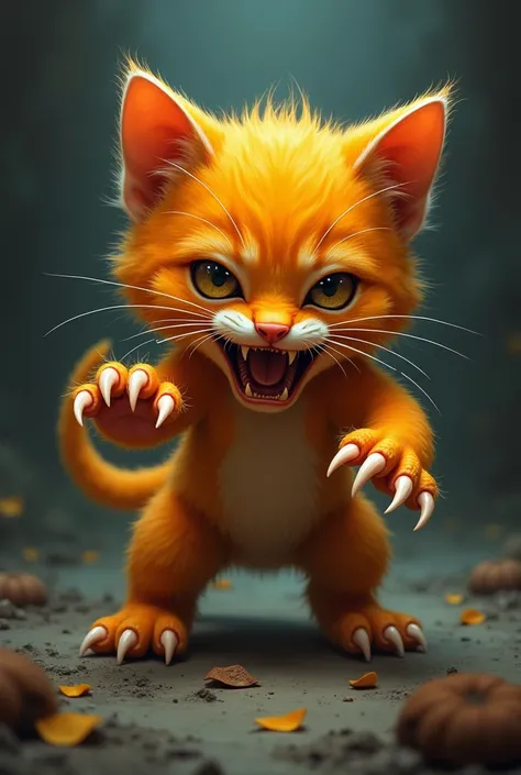 Now create a fusion of the kitten and the orange, merging their characteristics, becoming a single ferocious creature.. Keep the scenario 