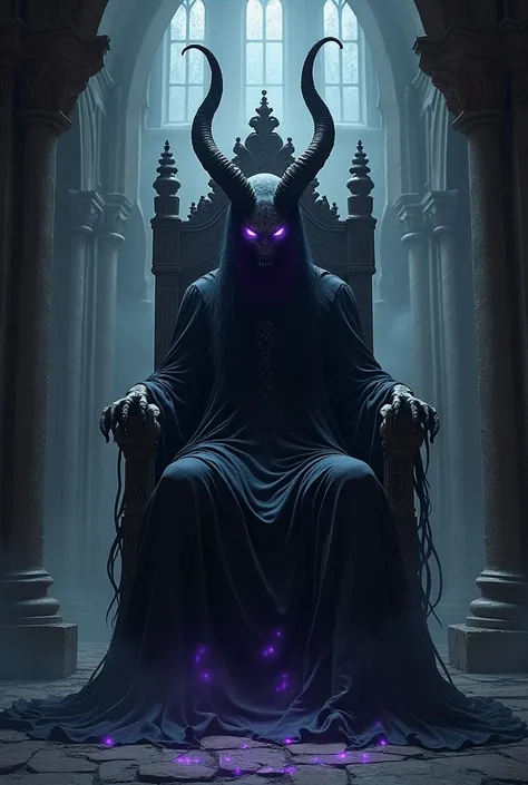 A horned shadow creature with long black hair and glowing purple eyes sitting on a dark throne in a shadowy castle