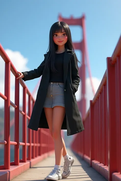 Woman 30, long straight black hair, wearing short grey school girl skirt with black sweater and black short trench coat with white converse high sneakers with white short socks. Leaning and posing at red tube low metal fence. With San Francisco’s Golden Ga...