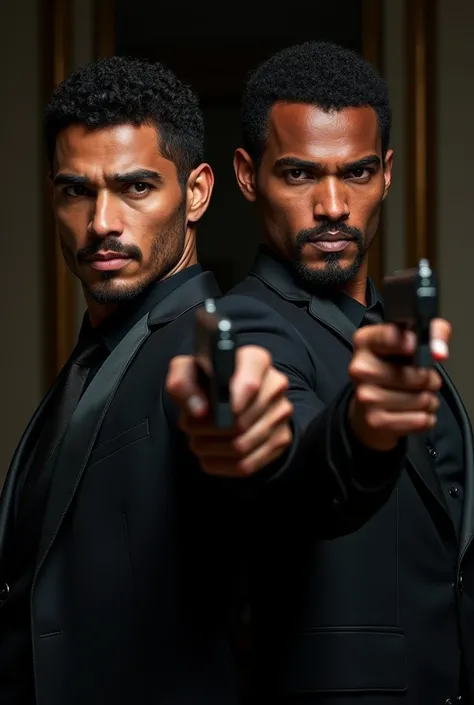 "Do two men Brazil with beautiful and intimidating features put on their skin color beautiful eyes but he has to have weapons in his hands dark and elegant clothes."