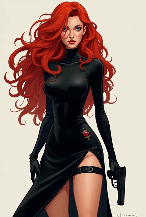 1 ,  Long hair ,red and curly.  multicolored hair . dressed in a black dress ,  long and tight that has a slit in the leg .  The exposed leg has a thigh holster attached to a pistol.  Body with wide hips and thin waist . 