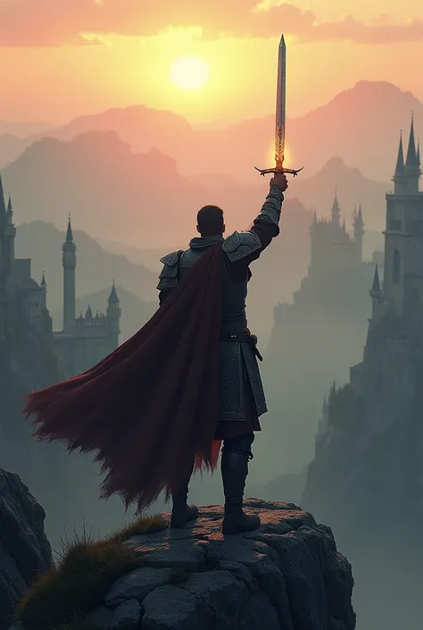 A medieval Sword Master standing on a cliff at dawn, his glowing sword raised high, overlooking a vast kingdom with castles and forests.