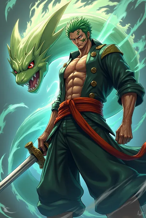 zoro de face avec un pokemon 