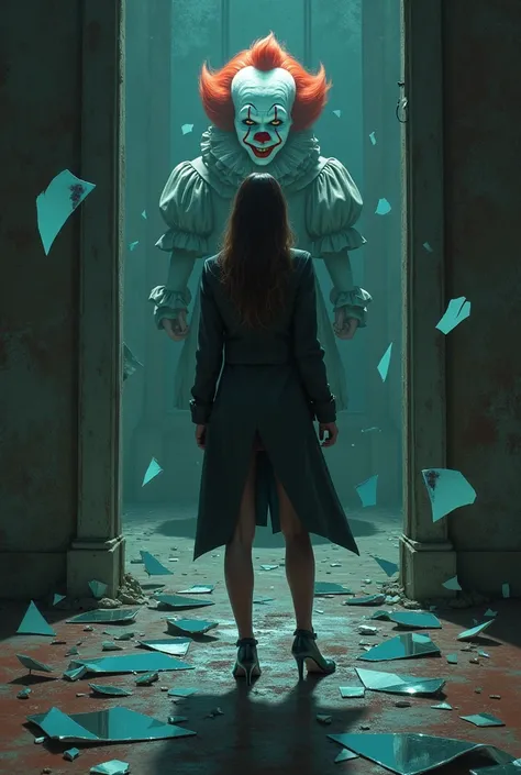 A female detective, looking at a creepy clown , while standing on top of several broken mirrors