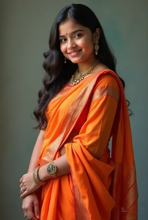 14yr teen  wore a beautifully draped saree that accentuated her chubby yet fit figure, the fabric cascading gracefully around her. The vibrant colors of the saree highlighted her curves, while the tiny blouse added a touch of modern flair. Her confident po...