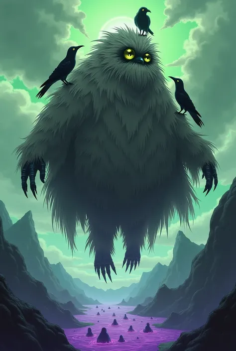 A creature looks like it is covered up to its feet in hair, its hair is very long that completely covers its body. This creature has huge green eyes, its arms and legs are very long, white and it has very sharp black nails, there are several crows resting ...