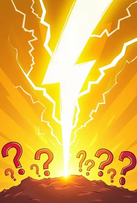 A lightning bolt in the middle with yellow background with question marks around cartoon