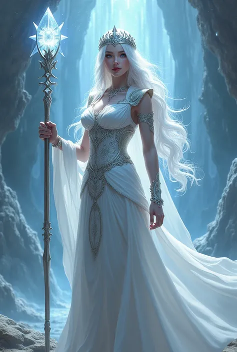 Empress of Light  ,   mature woman with silver white hair,  Blue eyes ,  silver crown with star-shaped crystals,   white dress with veil layer  ,   Atlantean rod with quartz crystal 