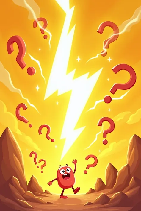 A lightning bolt in the middle with yellow background with question marks around cartoon