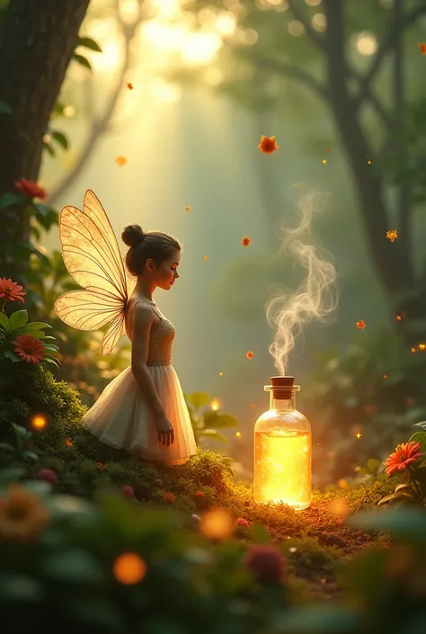  Image of essential oils in a fantasy forest with golden sparkles 
Oil coming out smoke and a fairy smelling the oil in the background 
In a fantasy place, high resolution 3d hd image  