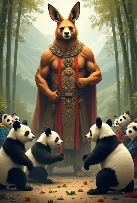 A kangaroo like king and pandas worshipping kangaroos 