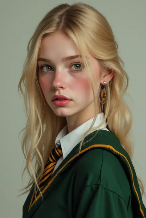  I need a realistic image of my character, Alyssa, blonde,  green eyes, white skin, Ravenclaw House student , 21 years old.