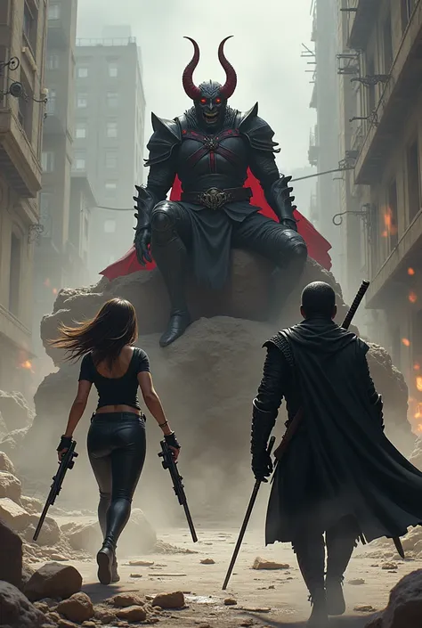 Make a woman with guns around her waist running to hit and the super villain who is sitting on top of a rock with the villain has all black armor with red details make her punch him and the villain has horns both are the same size and the setting is a dest...