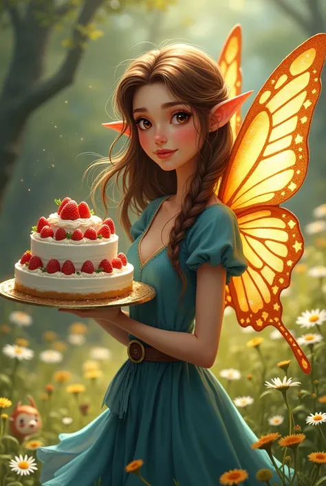 A beautiful adult woman fairy, she has messy long flowing brown hair, she has a few small braids throughout her hair, she has a pointy elf ears, she has brown eyes, she has a round face, she has a closed mouth smile, she has nose blush, she has big beautif...