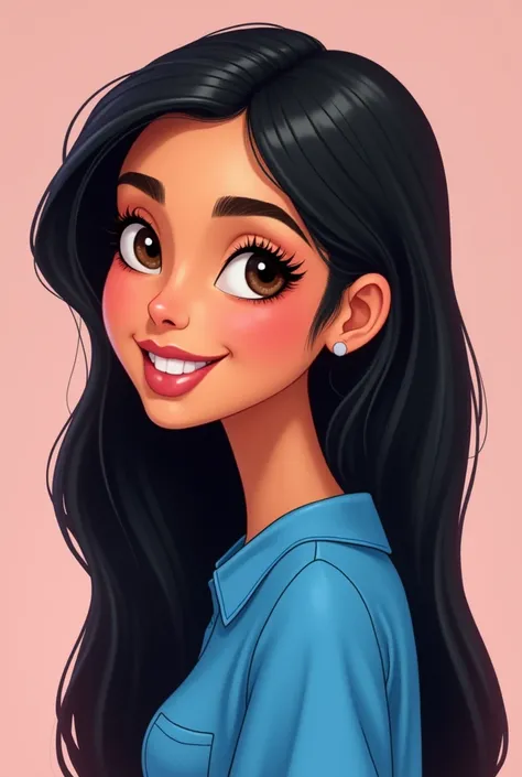 cartoon portrait with Disney PIXAR-style of a young arafed woman with long straight black hair and blue shirt smiling, headshot profile picture, violet myers, gorgeous latina face, smiling and looking directly, beautiful and smiling, with makeup, young wom...