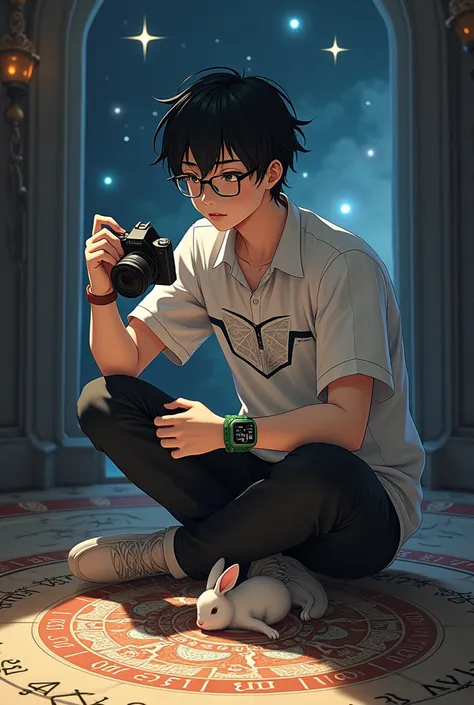   Create an anime character ,  In the age group of 37 years  ,  dark-haired clothing , short, wearing glasses.   On your left hand a photographic camera .  On your left wrist a digital watch . On his right wrist a green and black bracelet .
  He wears a sh...