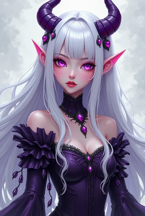 En version dessin  Une femme les cheveux long blanc les yeux violet/Pink dressed in black and purple and pink in a Style reminiscent of crows I have a small nose like Asians with slightly larger nostrils a thick and small heart-shaped mouth and elf ears 