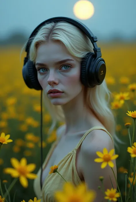  I would like to create a model of slender stature ,  blue-eyed headphones,  Long face , upturned nose and fleshy lips .  This model must pose sitting on a hundred wild yellow flowers in the light of.The moon