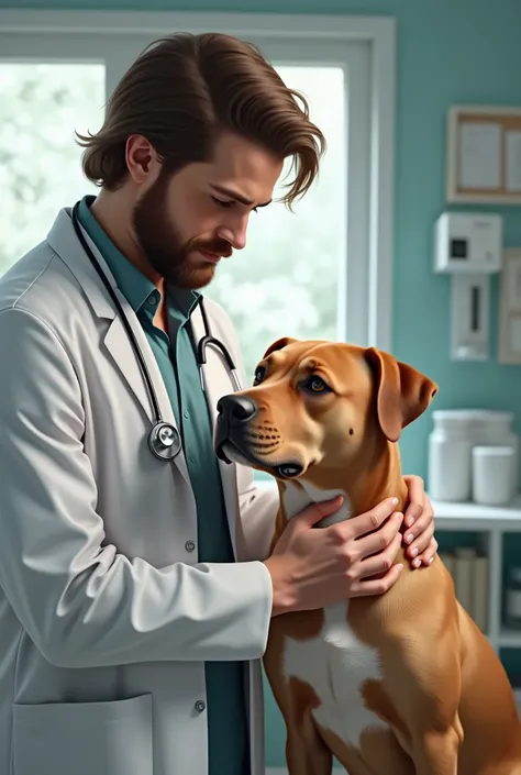 White boy of medium build with beard and hair WEARING HIS white coat and is accompanied by his pet a brown pitbull, veterinarian 