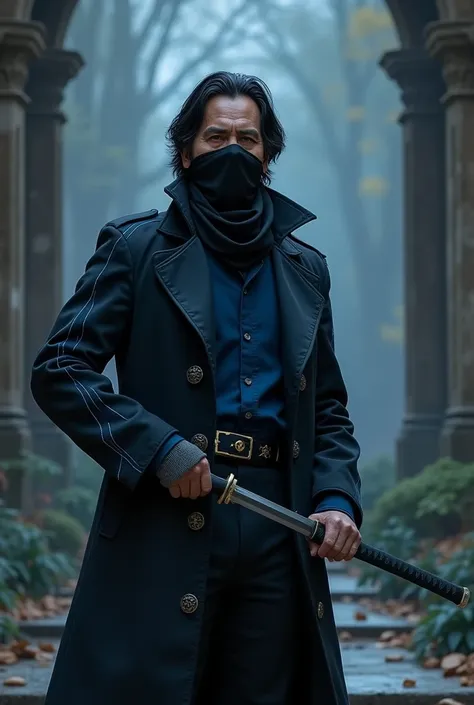 45 yo italian male,medium black hair,black scarf covering his mouth and nose,black fantasy trenchcoat with cobalt magical lines,dark navy blue shirt,holding a katana,fantasy style