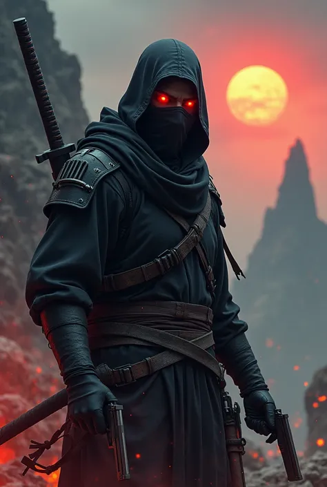 Badass war lord ninja with red very bright eyes and silenced pistol in each hands, samouraï sword in the back in an apocalyptic space background with volcano planet floating in the sky. About his face his mouth is masked you can only see the eyes. 