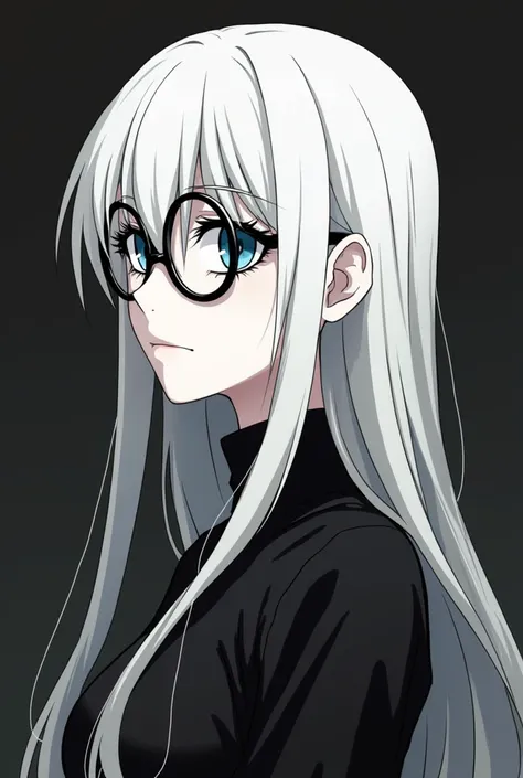 Make me Satoru Gojou version woman with round black glasses and the photo type black and white and type profile photo